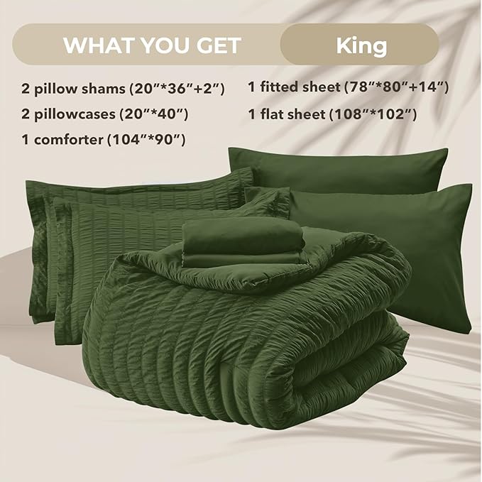 HYMOKEGE Olive Green King Size Comforter Set Seersucker 7 Pieces, All Season Luxury Bed in a Bag for Bedroom, Bedding Set with Comforter, Sheets, Pillowcases & Shams