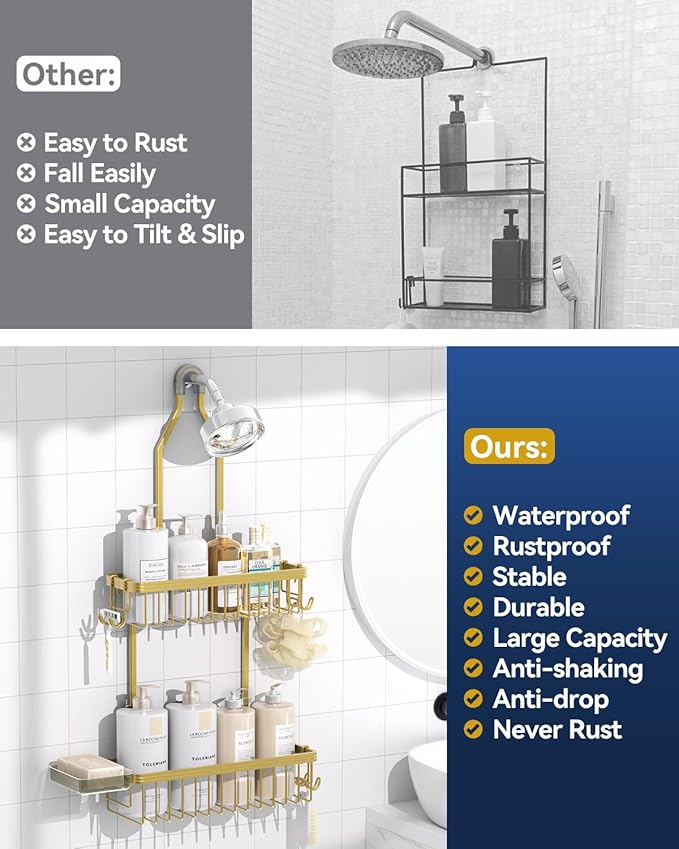 YASONIC Shower Caddy Hanging, Never Rust Shower Organizer Hanging, Aluminum Shower Racks for Inside Shower with Hooks for Razor, Bathroom Organizers and Storage with Soap Holder, Gold