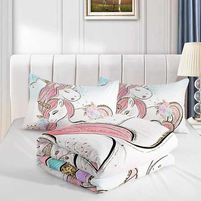 CVHOUSE Unicorn Bedding Queen Size Set, Cute Unicorn Comforter Set for Girls' Room Decor, 3 Pieces