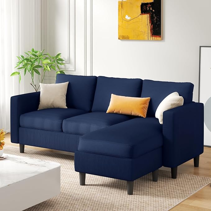 JAMFLY 3-Seat Convertible L-Shaped Sectional Sofa with Reversible Ottoman, Upholstered Fabric Couch for Small Living Rooms, Modern Modular Couch for Apartment, Studio & Loft, Blue
