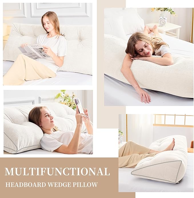 Sasttie Headboard Pillow Full, Wedge Pillow Headboard for Sitting Up in Bed, Back-Rest Support Triangular Cushion for Reading - Features Removable Washable Cover, White