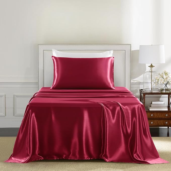 Satin Sheets Twin Size - 3 Pieces Luxury Silky Soft Bed Sheets for Kids, Wrinkle-Free Burgundy Satin Silk Sheet Set with 1 Deep Pocket Fitted Sheet, 1 Flat Sheet, 1 Pillow case