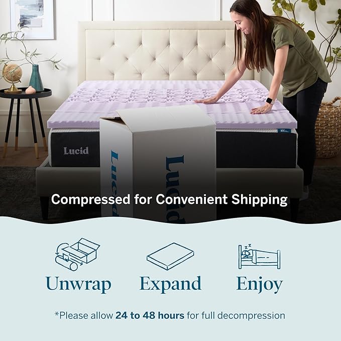 LUCID Lavender Infused 2 Inch Memory Foam Mattress Topper with 5 Zones – King Size – Plush Feel – CertiPUR Certified – Dorm Room Essentials