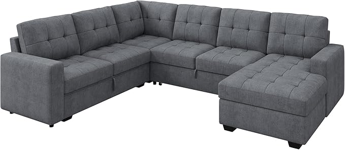 HONBAY Sectional Sleeper Sofa, Sleeper Sofa Couch with Storage Chaise, Sectional Couch with Pullout Bed for Living Room, Bluish Grey