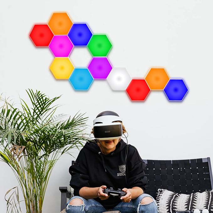 Hexagon Lights, Smart LED Wall Lights with Remote, 13 Colors Touch-Sensitive DIY Modular Assembled RGB Wall Panels, Hex Light with USB-Power for Autism, Game Room Decor, Party (12 Pack)