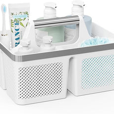 Plastic Shower Caddy Dorm: Portable Bathroom Caddy Organizer with Handle and Holes, Cleaning Basket, Hard Shower Basket Storage Tote for Toiletry, College Dorm Room Essentials White/Silver