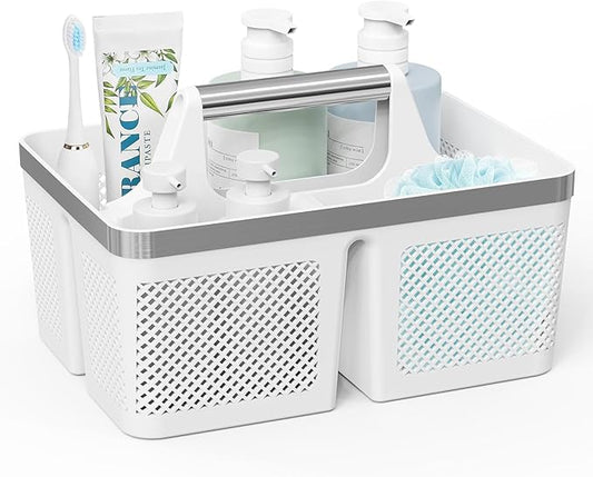Plastic Shower Caddy Dorm: Portable Bathroom Caddy Organizer with Handle and Holes, Cleaning Basket, Hard Shower Basket Storage Tote for Toiletry, College Dorm Room Essentials White/Silver