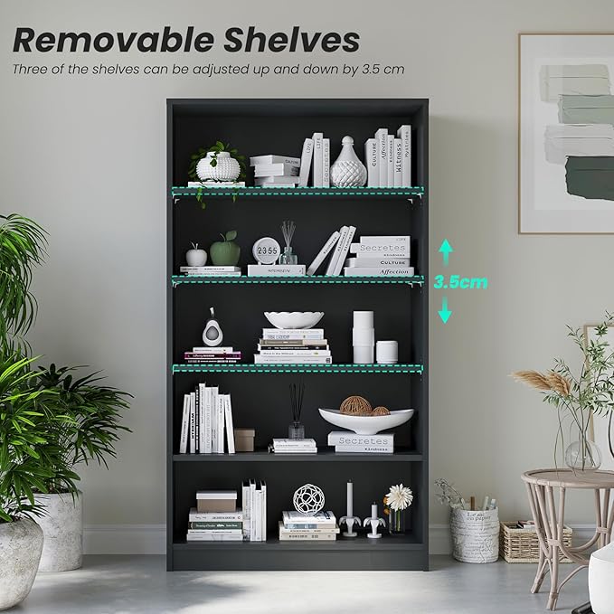 Farini 60 Inch Tall Bookcase,5 Shelf Bookshelves,Adjustable Bookshelf for Home Office,Black