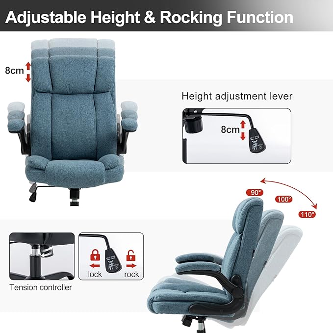 Office Chair High Back Ergonomic Executive Computer Desk Chair Comfortable Fabric Padded Home Office Desk Chairs with Flip-up Arm Rest Adjustable Height Swivel Wheels (Blue)