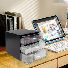 Desk Organizer with Drawer, Desk Storage Box, Plastic Office Stationery Supplies Organizers, Desktop Organizer for Office School Home (3 drawer, Black)
