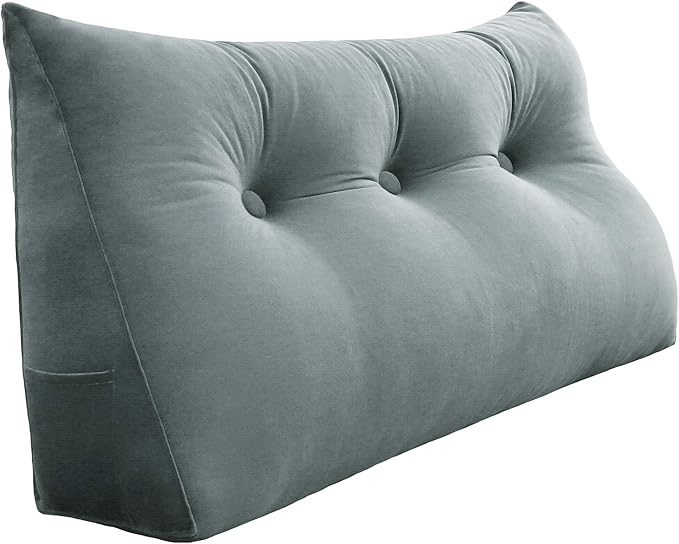 Johnear Wedge Headboard Large Bolster Pillow Reading Pillows for Sitting in Bed Adult， Velvet Triangular Cushion Backrest Lumbar Back Support Upholstered Daybed Sit Up Book Pillows（Lightgray, King）