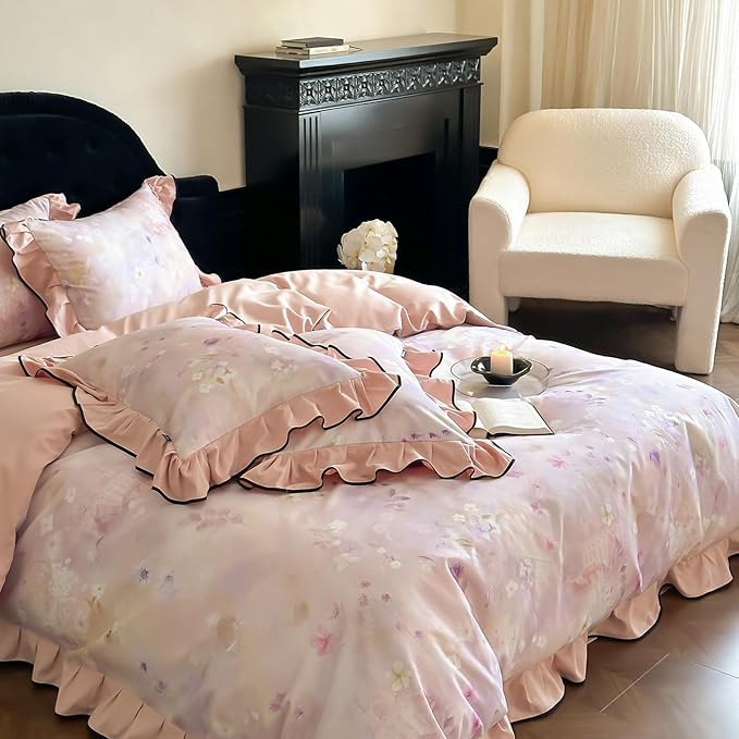 HighBuy Brushed Cotton Duvet Cover Full Ruffle Lace Floral Bedding French Style Floral Print,Vintage Duvet Cover Set Blush Flower Shabby Chic Bedding Comforter Cover Set，Soft and Breathable