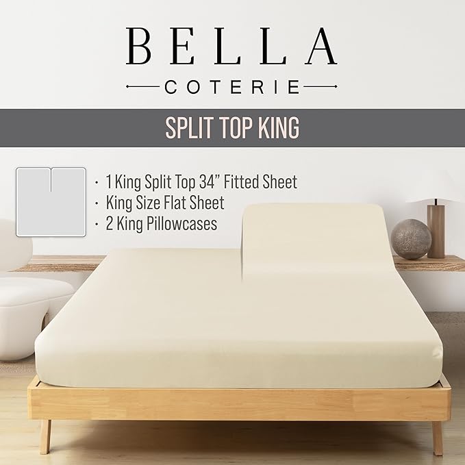Bella Coterie Luxury Bamboo Viscose 34” Split Top King Size Sheet Set | 1 Fitted Sheet for Sleep Number & Adjustable Beds | 100% Organically Grown | Cooling & Soft | 18” Deep Pocket [Ivory]
