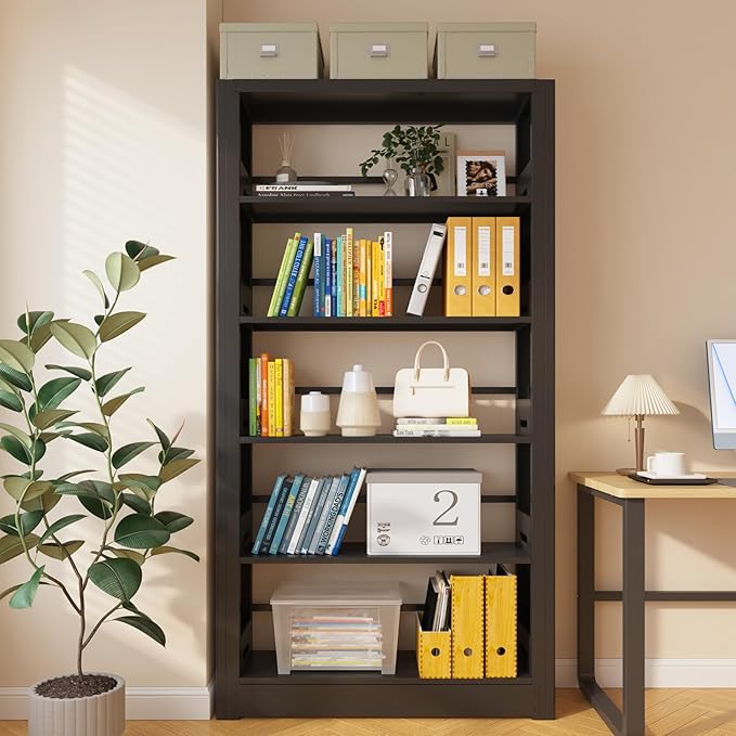 69" Tall Heavy-Duty Bookshelf, 5-Tier Metal Bookshelf with Adjustable Shelves, Open Shelf Bookcase, Tall Bookshelves for Home Office, Library, Bedroom, Including Book Stopper