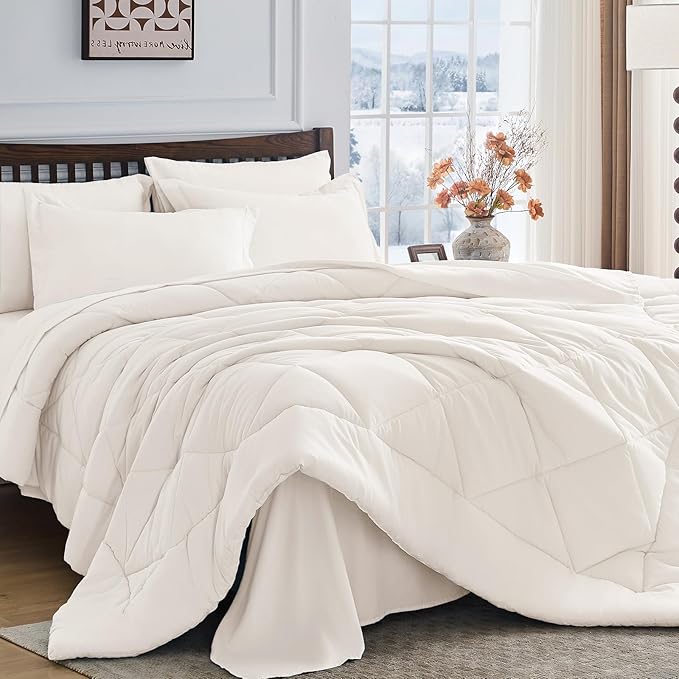 HEVUMYI Ivory Twin Comforter Set - 5-Piece All Season Bed in a Bag Twin, Ultra Soft Bedding Set with Comforter, Flat Sheet, Fitted Sheet, Pillowcases, Pillow Shams