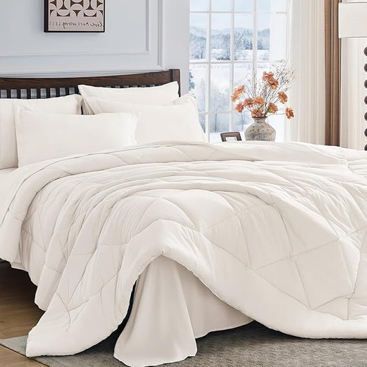 HEVUMYI Ivory Queen Comforter Set - 7-Piece All Season Bed in a Bag Queen, Ultra Soft Bedding Set with Comforter, Flat Sheet, Fitted Sheet, Pillowcases, Pillow Shams