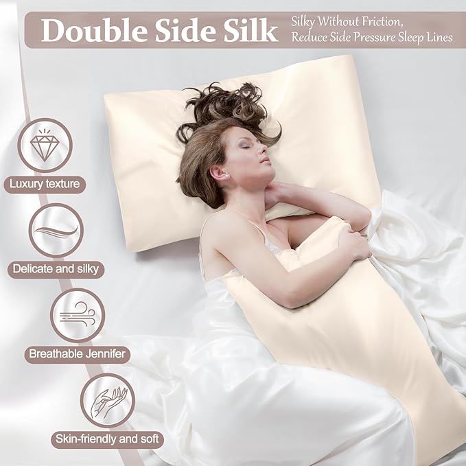 2 Pack 100% Pure Silk Pillowcase for Hair and Skin, Both Sides Mulberry Silk Pillowcases with Hidden Zipper, Cooling Pillowcase 19 Momme, 600 Thread Silk Pillow Cases Queen Size, Beige