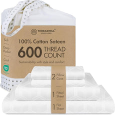Threadmill 100% Cotton Sheets for Full Size Bed - 600 Thread Count Full Bed Sheets Set with 16” Deep Pocket - Jacquard Sateen Weave 4-Piece Bedding Set with Cooling Effect, Light Grey