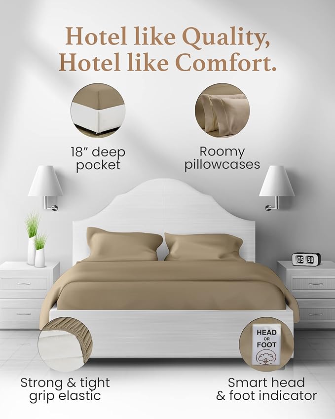 Good Sleep Bedding King Bed Sheet Set - 4 Pc, Egyptian Cotton Sheets, Hotel Style Sheets King Size Deep Pocket, Fits Upto 16 Inch, Soft & Breathable Sheet & Pillowcase Sets - Taupe GoodSleepBedding
