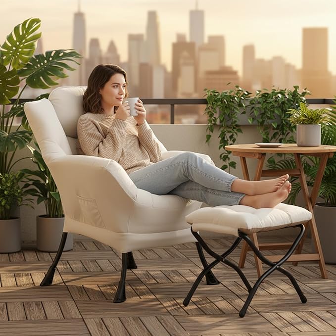 Cozy Lazy Chair and Ottoman, Large Contemporary Accent Lounge Chair Set, Leisure Upholstered Reading Armchair for Bedroom, Living Room, Dorm Rooms, Office, Peach Beige