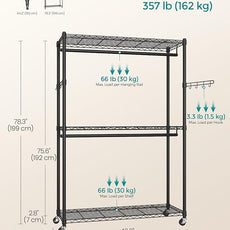 SONGMICS Heavy-Duty Rolling Clothes Rack, Garment Rack, Portable Closet, 43.3-Inch Wide Clothing Rack on Wheels, with Adjustable Mesh Shelves and Hanging Rails, Hooks, Ink Black ULGR414B01