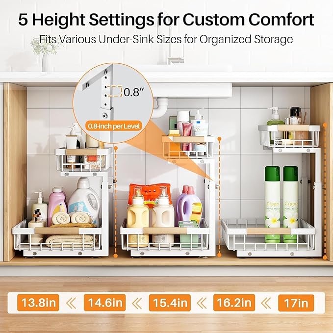 PXRACK 1 Pack Under Sink Organizer,Adjustable Height,2 Tier Pull Out Under Cabinet Organizer,Slide Out Thickened Metal Under Sink Storage for Kitchen Bathroom Laundry Cabinet Pantry,White(L)