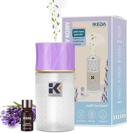 Ikeda Wireless Essential Oil Diffuser, Mini Negative Ion Mist Humidifier with Night Light & Auto Shut-Off, 250mL Lavender Scent for Room, Home, Car&Office
