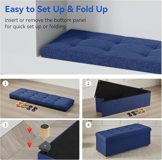 BRIAN & DANY 43 Inches Folding Storage Ottoman Bench, Ottoman with Storage Bench for Bedroom, Living Room, Entryway, Foot Rest with Legs, Blue