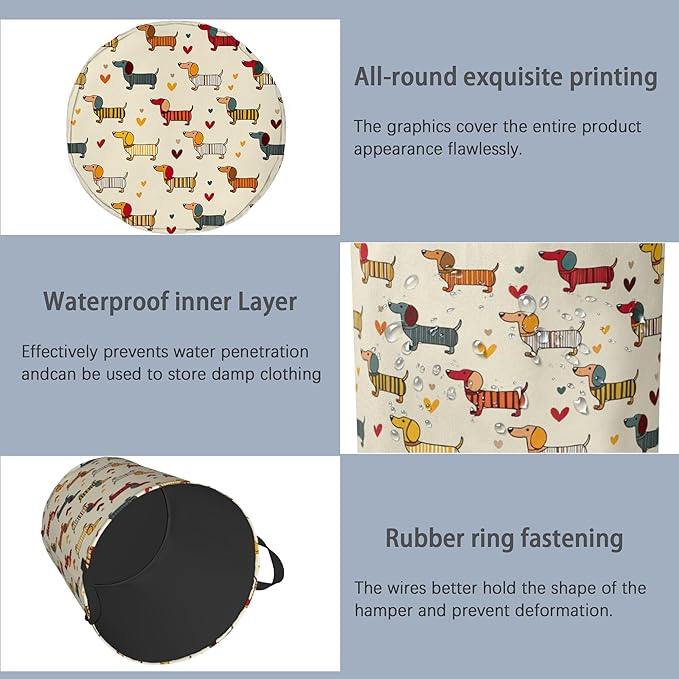 Cute Dachshund Dog Laundry Basket,Foldable with Handles Tote Bag Oxford Cloth for Bathroom Bedroom Dirty Clothes Storage Bucket 16" x 20.8"