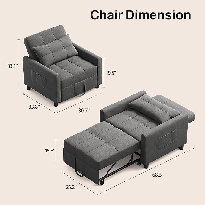 Ahomly Convertible Sofa Bed, 3-in-1 Multi-Functional Sleeper Chair Bed, Adjustable Backrest Recliner with Modern Linen Fabric for Living Room Bedroom Apartment Small Space, Dark Grey