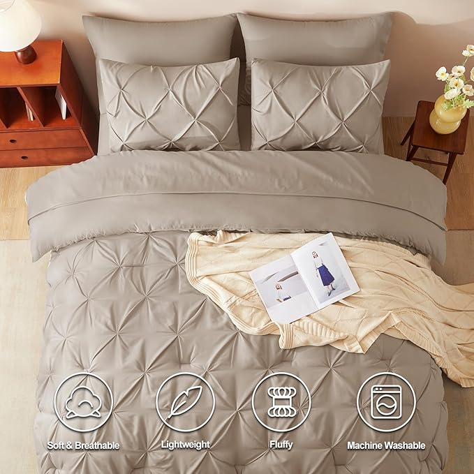 CozyLux King Size Comforter Set Khaki, 7 Pieces Pintuck Bed in A Bag Khaki Comforter King Size, Pinch Pleat Bedding Set with All Season Comforter, Sheets, Pillowcases & Shams