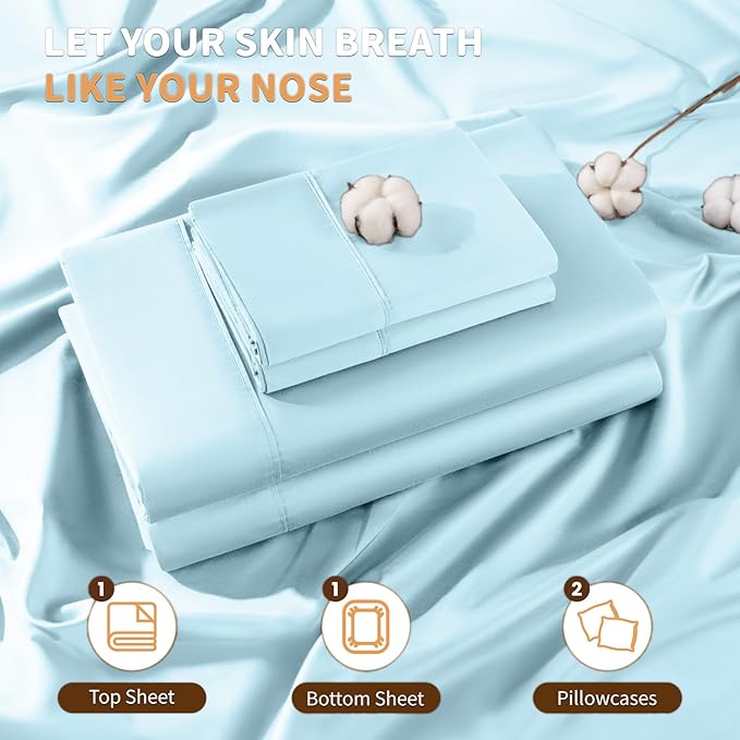 LBRO2M 100% Cotton Sheets Set Deep Pocket 19", 1000 Thread Count King Size 4 Piece Bed Sheet Sets Soft Comfortable Bedding All Season (King, Light Blue) LBRO2MBedding