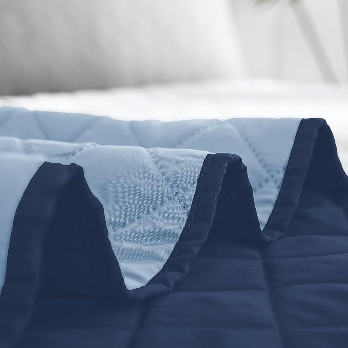 Easy-Going Full/Queen Size Reversible Quilt Set with 1 Quilt and 2 Pillow Shams, Soft Bed Quilt Cover, Water Resistant Lightweight Microfiber Bedspread, Stain Resistant, Dark Blue/Light Blue