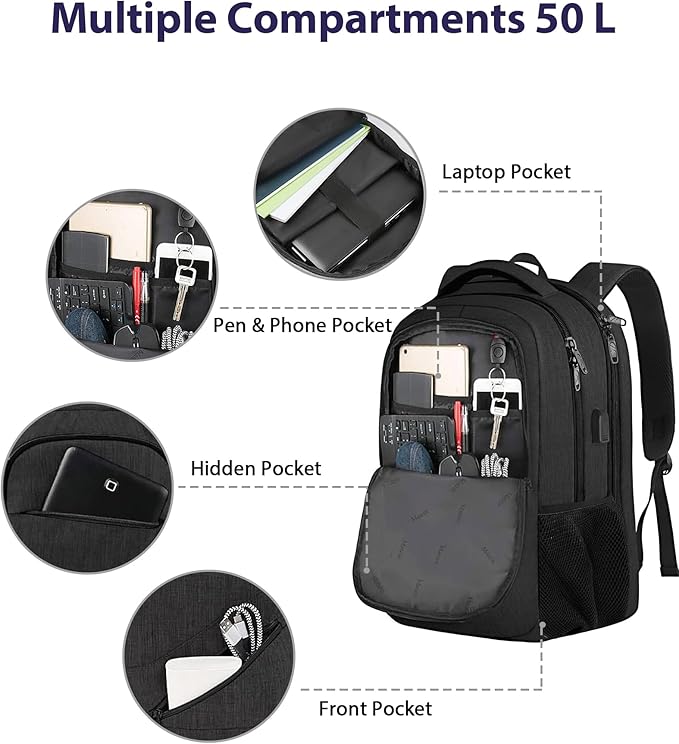 MATEIN 18.4 Inch Laptop Backpack 50 L, Extra Large Anti Theft Carryon Backpack TSA Approved, Work Business Bag with Multiple Compartments & Luggage Strap for Travel, Gifts for Men Women, Black