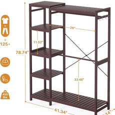 Homykic Bamboo Clothes Rack Garment Rack for Hanging Clothes, Heavy Duty Clothing Rack with 7 Tiers Adjustable Shelves, Double Rods, 4 Hooks, Freestanding Closet System Organizer Wardrobe, Espresso