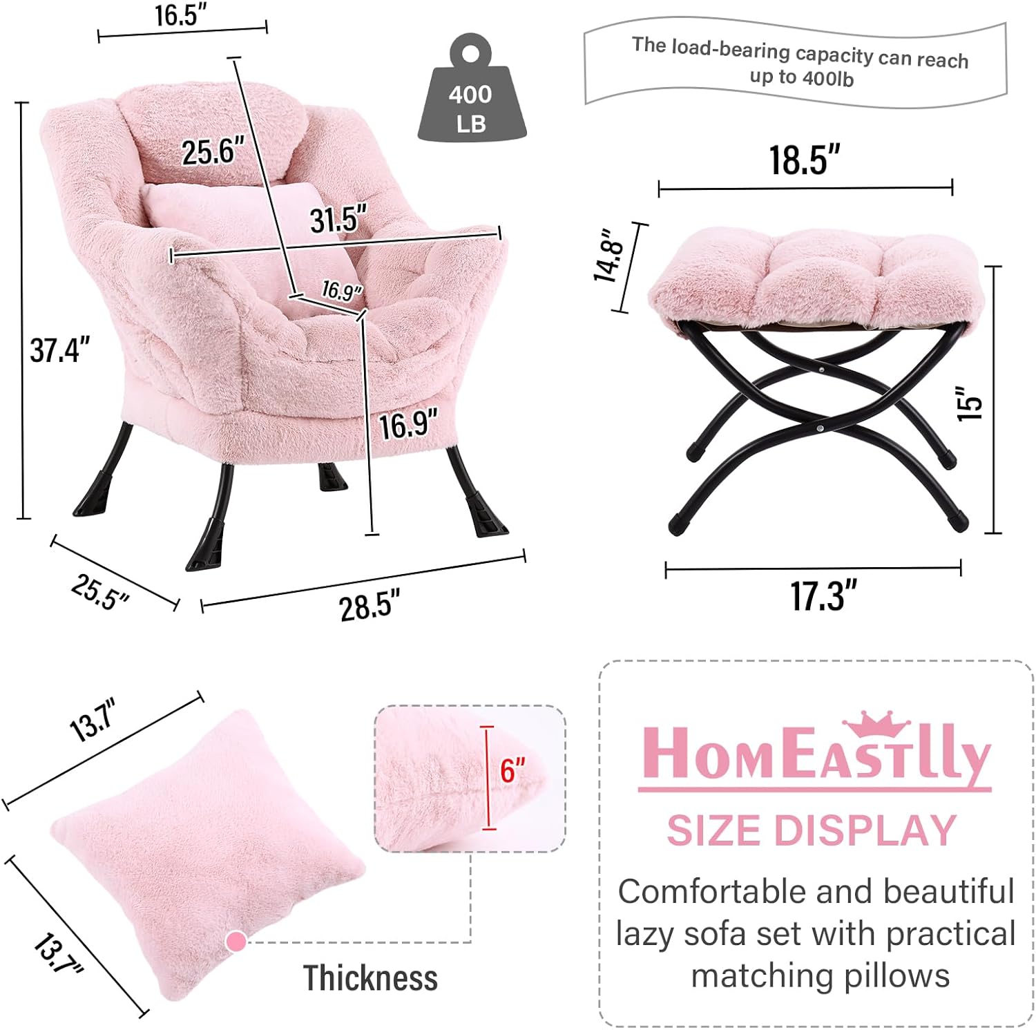 Lazy Chair with Ottoman, Large Pink Accent Chair with Ottoman and FA Throw Pillow, Comfy Plush Reading Chair for Living Room Bedroom Dorm Room Office Apartment Relaxing Use Dormly
