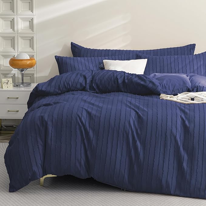 JELLYMONI Duvet Cover Queen Size Navy Blue - 3PCS Boho Striped Duvet Cover Set Polyester Tufted Bohemian Textured Comforter Cover 90×90in with Corner Ties & Zipper and 2 Pillowcases