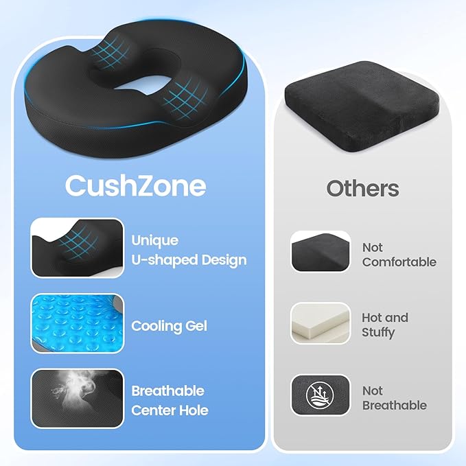 Donut Pillow Seat Cushion - Cooling Gel Floor Pillow, Memory Foam Floor Cushion for Office & Home, Car Seat, Hemorrhoids Pillow, Sciatica & Tailbone Pain Relief Chair Cushion, Black