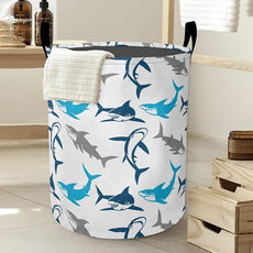 Cute Blue White Shark Laundry Hamper Large Canvas Fabric Lightweight Storage Basket/Dirty Clothes Collapsible Waterproof for College Dorms, Boys and Girls Bedroom,Bathroom