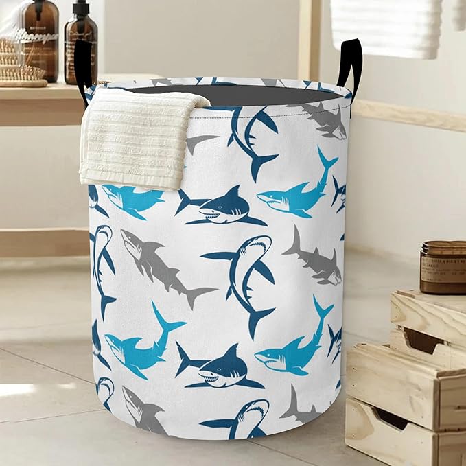Cute Blue White Shark Laundry Hamper Large Canvas Fabric Lightweight Storage Basket/Dirty Clothes Collapsible Waterproof for College Dorms, Boys and Girls Bedroom,Bathroom