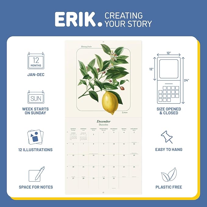Botanical Wall Calendar 2026 12" x 12" FSC® Plastic Free - Starts Week On Sunday | Family Planner Fruits Calendar 2026