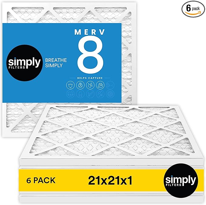 Simply 21x21x1 Air Filter, Merv 8, 6 Pack, For Home AC Furnace & HVAC (Actual Size: 20.75"x20.75"x0.75") DUST, Pet, & Allergy Control
