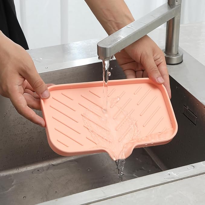 Silicone Bathroom Soap Dishes with Drain Spout-Bathroom and Kitchen Sink Organizer,Sponge Holder,Dish Soap Tray,Perfect for Dispenser,Scrubber,Bottle,Cup on Sink or Counter-Pink 9.6"×5.3"