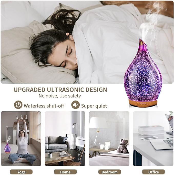Porseme 280ml Essential Oil Diffuser 3D Hand-Blown Glass Aroma Diffusor, Aromatherapy Unltrasonic Cool Mist deffuser, 7 Color Changing Humidifier, Waterless Shut-Off, Timer Function for Home Office