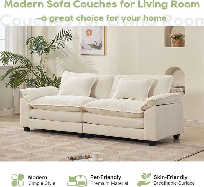 86" Modular Sectional Sofa, Comfy Cloud Couch Sectional Sofa, Chenille Sofa Sleeper Deep Seat Sofa with Throw Pillows for Living Room (Beige White, 86"- Loveseat)