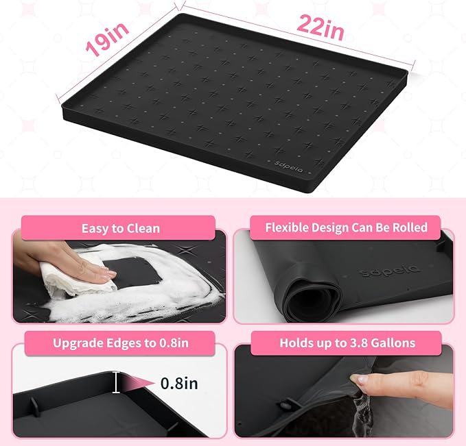 Sdpeia Under Sink Mat 22"×19" Waterproof Silicone Cabinet Liner & Sink Protector for Kitchen & Bathroom, Multi-Purpose Organizers Tray for Pets, Laundry, Cat Litter Mat, Black