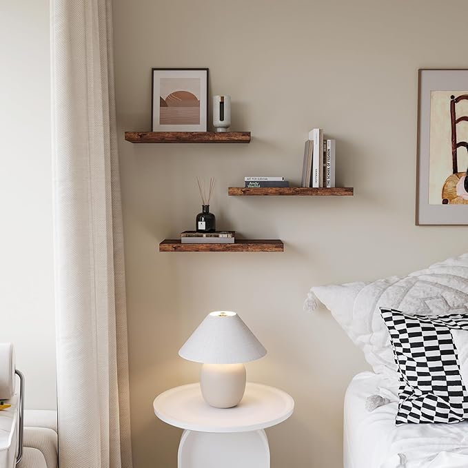 Floating Shelves for Wall Set of 3, 16" Rustic Brown Floating Shelves, Home Decor, Frame Display Wall Shelf for Bedroom, Kitchen, Bathroom, Living Room
