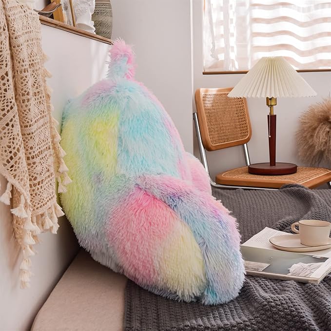 A Nice Night Faux Fur Reading Pillow Bed Wedge Large Adult Children Backrest with Arms Back Support for Sitting Up in Bed/Couch for Bedrest,YellowPink,More Large