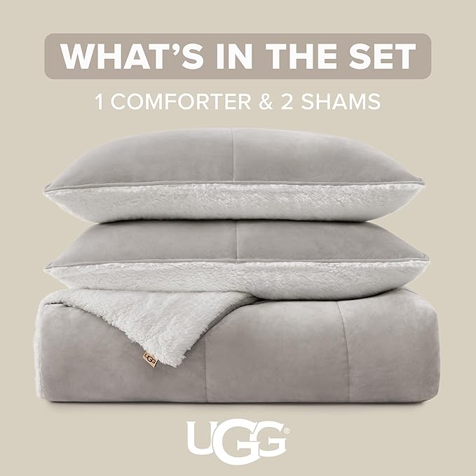 UGG Blissful Comforter Set with 2 Pillow Shams Reversible White Comforter Plush Fluffy Warm Bed Set Premium Hypoallergenic Down Alternative Bedding Breathable, King/California King, Seal Gray