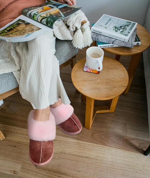 KuaiLu Womens Fluff Dual Memory Foam Slippers Ladies Cozy Arch Support Warm Scuff Slippers Slip on Comfy Winter House Shoes with Non-Slip Indoor Outdoor Hard Sole